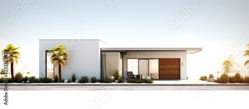 Modern designed white house with large garden and garage.