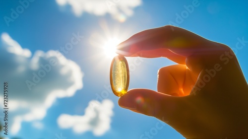 Fish oil capsule, symbolizing vitamin D supplementation. The background is bathed in warm sunlight, emphasizing the importance of vitamin D for a robust immune system and overall health.