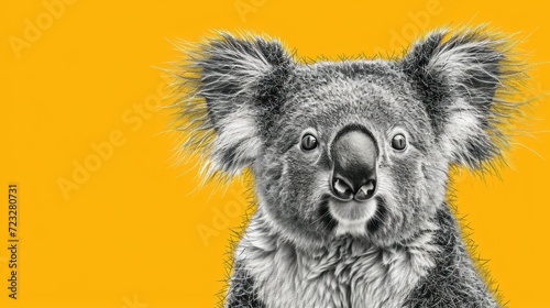  a close up of a koala on a yellow background with a black and white photo of it's face and the koala is looking at the camera.