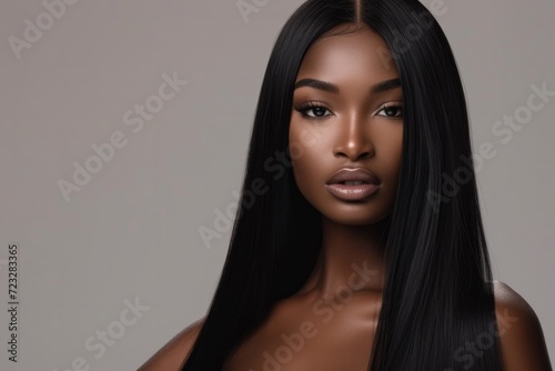 African American Model Rocking Silky Straight Hair Extensions In Studio Photo - Perfectly Symmetrical, Copy Space In Focus