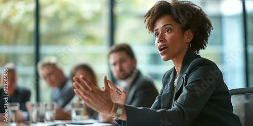 A determined businesswoman engages in a conversation about sustainability, her transparent suit and confident face reflecting her commitment to ethical management