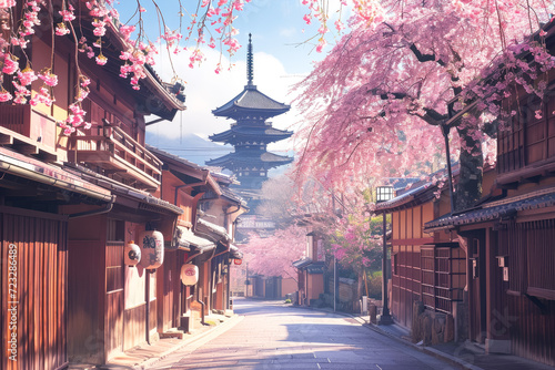 A Japanese street with a pagoda and a cherry blossom tree in the foreground