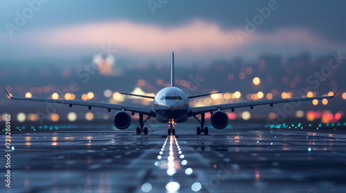 Avion de ligne biréacteur vue de face aligné sur la piste d’atterrissage juste avant son décollage