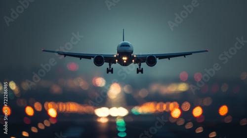 Avion de ligne biréacteur vue de face juste avant son atterrissage