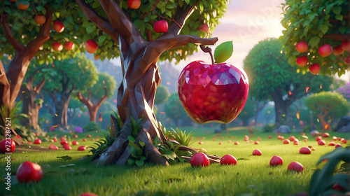 Forbidden fruit in the garden of Eden. Apple of temptation in paradise orchard