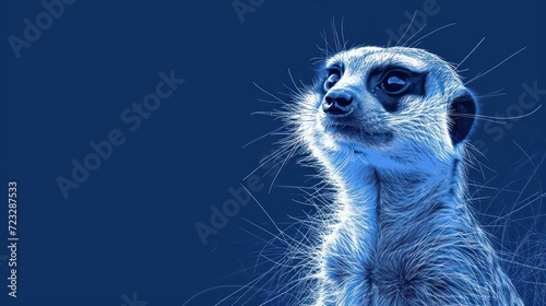  a close - up of a meerkat's face against a dark blue background, with the fur on the back of the meerkat's head.