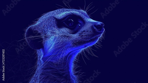  a close up of a meerkat's face with a blue light shining on it's face and the back of it's face is blurry.