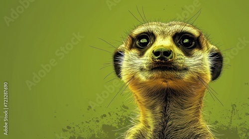  a close up of a meerkat's face with paint splatters on the side of the face and on the side of the face is a green background.
