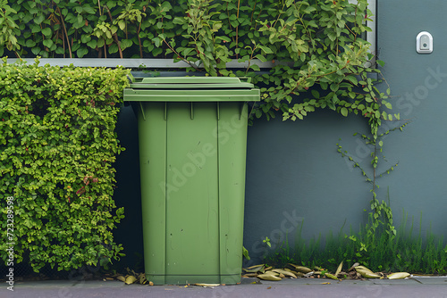 Green garbage bin in front of the house. 