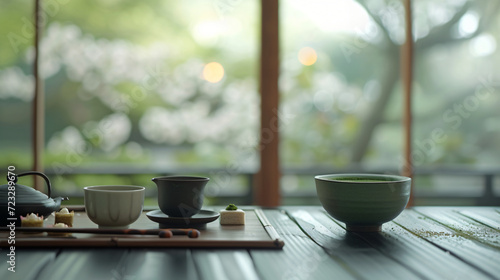 A traditional Japanese tea ceremony setup with matcha delicate sweets and ceramic tea ware.