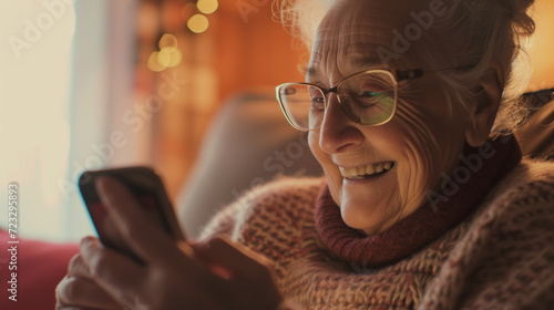 Senior woman smiling and looking at her smartphone at home. Elderly female learning digital skills with smart technology. AI generated