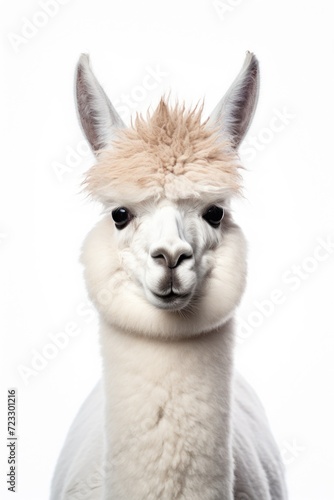 A close-up view of a llama wearing a furry hat. This picture can be used for various purposes