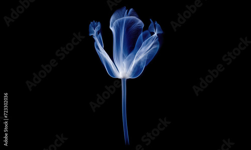 Realistic illustrations of flower in x-rays on dark background. Horizontal banner with copyspace for text. Blue petal. Concept of checking health, wellness, growing plants, botany