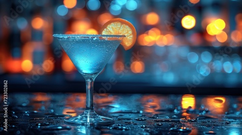  a blue drink with a slice of orange on the rim of the drink in front of a blurry background of blurry lights and bokepted lights.