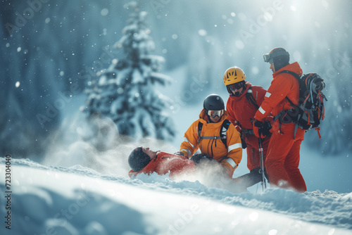 Ski Resort Rescuers Attending To Injured Individual During Emergency Evacuation