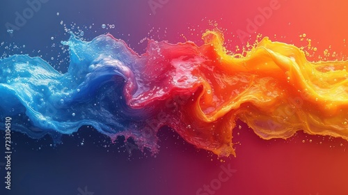  three different colors of liquid on a blue, red, yellow and pink background with a splash of water on the left side of the image.