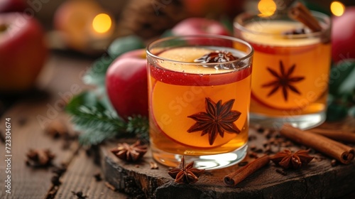  two glasses of apple cider on a wooden table with cinnamons and anise on the side of the glasses.