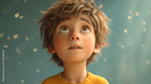  a close up of a child's face with a lot of flies flying in the air behind him on a blue background.