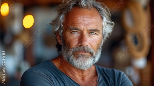  a close up of a man with grey hair and a beard wearing a blue shirt and looking at the camera.
