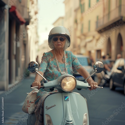 old mature grandma driving retro vintage vespa in italian city