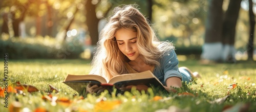 A young female college student lying on the grass park and reading a book at summer. AI generated
