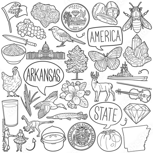 Arkansas State Doodle Icons Black and White Line Art. United States Clipart Hand Drawn Symbol Design.