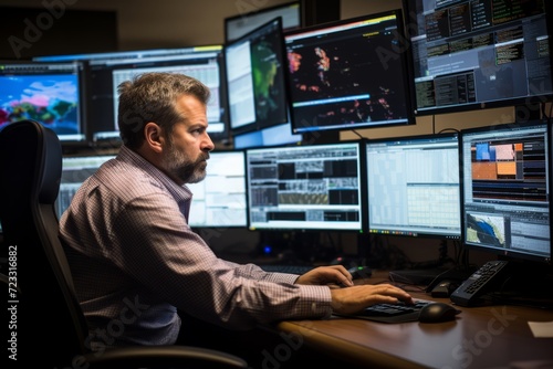 State Weather Services meteorologist engrossed in analyzing the latest climate data amidst advanced weather monitoring tools