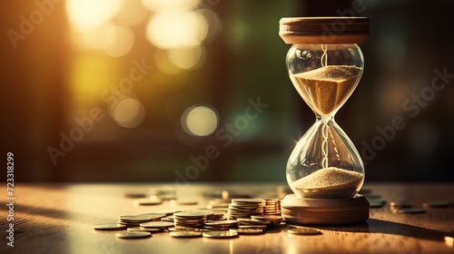 Gold coin in the hourglass time is money concept