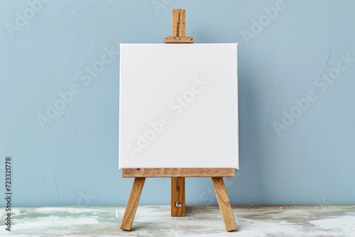 Empty canvas on wooden easel against light blue wall for design mockup Room for text