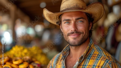  a man wearing a cowboy hat stands in front of a display of bananas and other produce at a farmer's market, smiling for the camera man is looking at the camera.