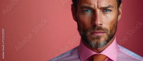  a close up of a man wearing a pink shirt and tie with a pink shirt with a pink tie and a pink shirt with a pink shirt with a blue stripe.