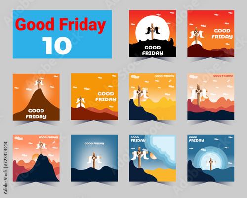 Cross crucifix on hill and bird flying at sunset for good friday vector design