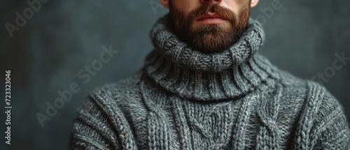  a man with a beard wearing a gray sweater and a turtle neck sweater with a scarf around his neck is looking at the camera with a serious look on his face.