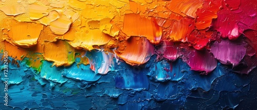  a close up of a multicolored painting with lots of drops of paint on the paintbrushes and the color of the paint is red, yellow, blue, green