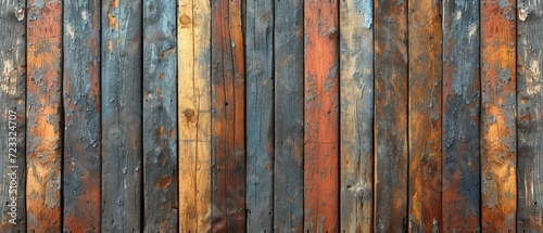  a close up of a wooden fence with paint peeling off of the wood and rusting off of the paint on the side of the fence and bottom of the fence.
