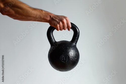 Man s hand holding kettlebell on a white surface