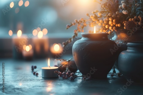 Mourning and remembrance depicted by candles and a funerary urn on a table