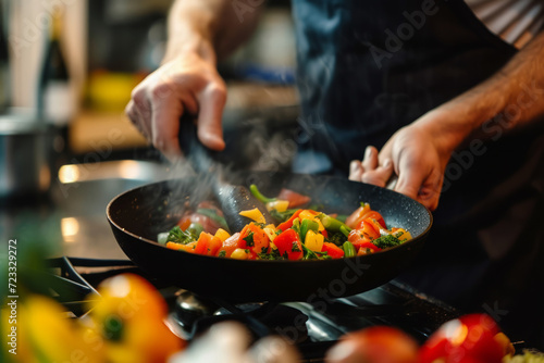 Man cooking vegetables in frying pan, Close up shot of male hands mixing vegetables in wok, Ingredients for healthy diet, Lunch for vegetarian