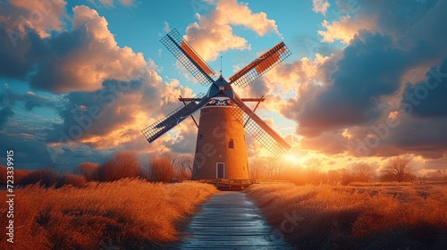  a windmill in the middle of a field with a path leading to it and the sun shining through the clouds in the sky over the top of the windmills.