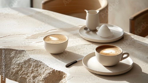  two cups of cappuccino sit on a table next to a plate with a saucer and a cup of coffee in front of cappuccino.