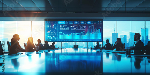 modern corporate boardroom with a large digital screen displaying colorful, intricate graphs and charts representing quarterly financial results, sunlight streaming through large windows