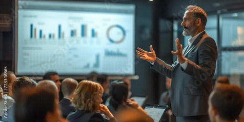 executive presenting quarterly results in a packed conference room, a large projector screen showing detailed financial charts, audience in business attire taking notes, realistic facial expressions a