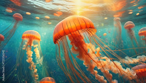 orange jellyfish digital wallpaper