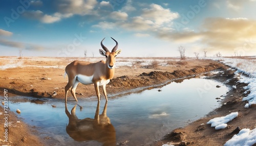 saiga antelope or saiga tatarica walks in steppe near waterhole in winter