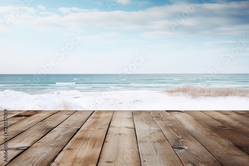 empty wooden table with winter in the background