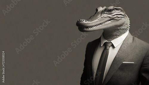 crocodile in suit vintage retro phone wallpaper banner monochrome old photograph ai generated