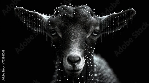  a black and white photo of a goat's face with a digital pattern on it's face and it's head in the center of the image.