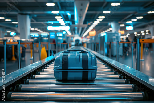 An automated conveyor belt line moves suitcases for inspection at airport AI Generation