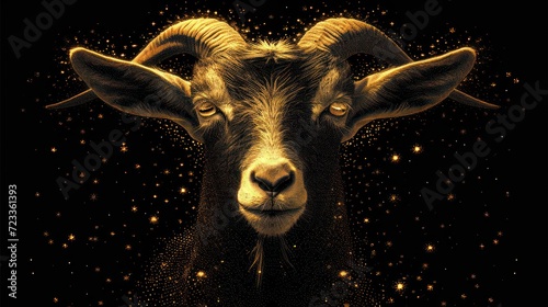  a close up of a goat's face on a black background with gold stars in the middle of the image and in the middle of the goat's head is a goat's horns.