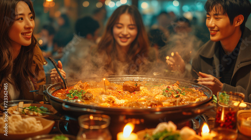 Gathering Around the Sichuan Hot Pot: Friends and Family Enjoying Spicy Delights Together. Generative AI.